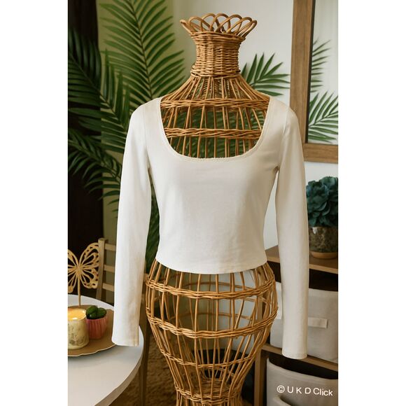 Women’s White Long Sleeve Lace Trim Square Neck Top – Elegant Fitted Blouse - Picture 1 of 8